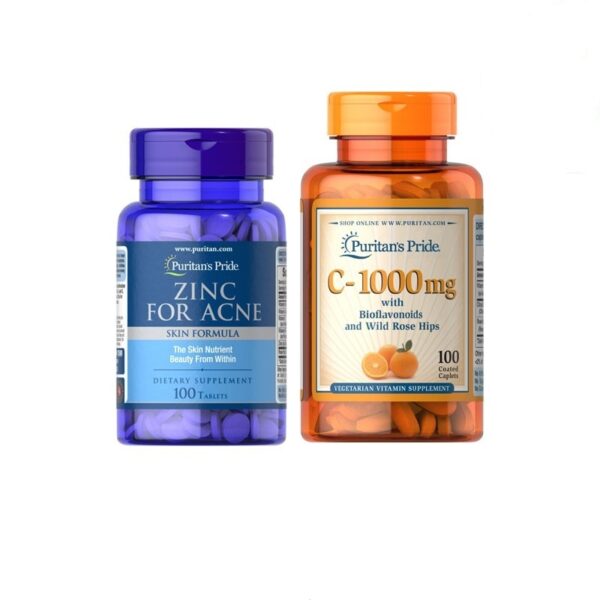 Combo Ngừa Mụn - Giảm Mụn, Làm Mờ Vết Thâm Zinc for Acne & Vitamin C-500mg Puritan's Pride