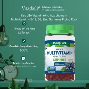 KẸO DẺO CUNG CẤP VITAMIN TỔNG HỢP DÀNH CHO NAM - PIPING ROCK MULTIVITAMIN + B12, D3, ZINC GUMMIES (HƯƠNG VIỆT QUẤT) - 70 VIÊN